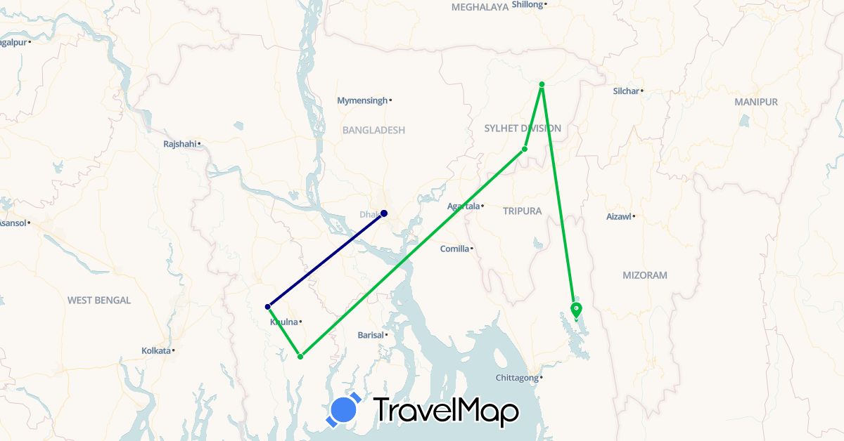 TravelMap itinerary: driving, bus in Bangladesh (Asia)